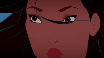 Movie still from “Pocahontas” (1995), directed by Mike Gabriel – Picture of a woman's face; Extreme Close Up shot, Overhead angle