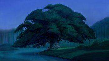 Movie still from “Pocahontas” (1995), directed by Mike Gabriel – A painting of a large tree near a body of water at night; Extreme Wide shot, High angle
