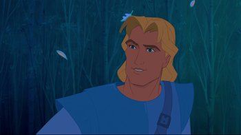 Movie still from “Pocahontas” (1995), directed by Mike Gabriel – A person with long blond hair; Close Up shot, Over the shoulder angle