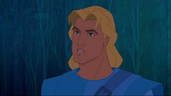 Movie still from “Pocahontas” (1995), directed by Mike Gabriel – A cartoon character with long blond hair; Close Up shot, Over the shoulder angle