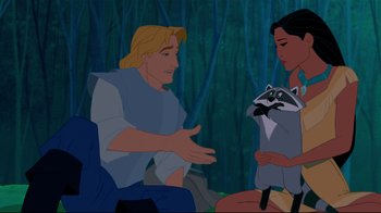 Movie still from “Pocahontas” (1995), directed by Mike Gabriel – A man and a woman are talking to each other in the woods; Medium shot, Over the shoulder angle