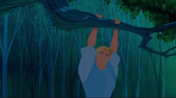 Movie still from “Pocahontas” (1995), directed by Mike Gabriel – A man hanging from a tree branch in the woods; Medium shot, Low angle