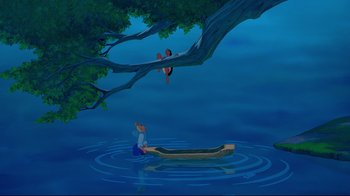 Movie still from “Pocahontas” (1995), directed by Mike Gabriel – An animated scene of a girl and a boy on a boat; Extreme Wide shot, High angle