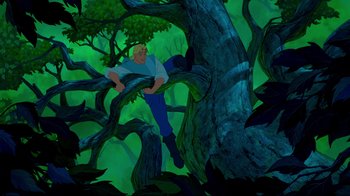 Movie still from “Pocahontas” (1995), directed by Mike Gabriel – A man sitting on a tree branch in a forest; Wide shot, High angle