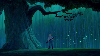 Movie still from “Pocahontas” (1995), directed by Mike Gabriel – A man holding a rifle standing next to a tree; Wide shot, Over the shoulder angle