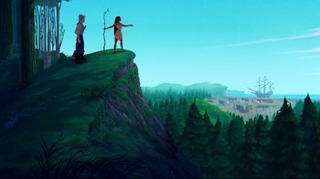 Movie still from “Pocahontas” (1995), directed by Mike Gabriel – An animated scene of two people standing on top of a hill; Extreme Wide shot, Low angle