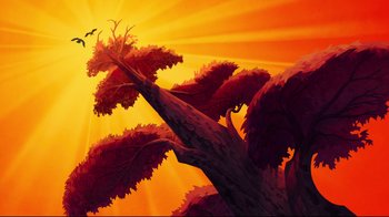 Movie still from “Pocahontas” (1995), directed by Mike Gabriel – A painting of a tree with a bird flying in the background; Extreme Wide shot, Low angle