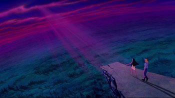 Movie still from “Pocahontas” (1995), directed by Mike Gabriel – A woman standing on top of a cliff looking out at the ocean; Extreme Wide shot, Overhead angle