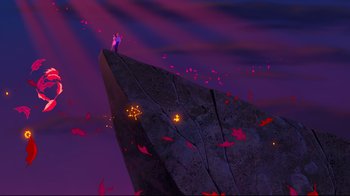 Movie still from “Pocahontas” (1995), directed by Mike Gabriel – A man standing on top of a large rock; Extreme Wide shot, High angle