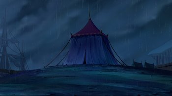 Movie still from “Pocahontas” (1995), directed by Mike Gabriel – A tent in the middle of the night in the rain; Extreme Wide shot, High angle