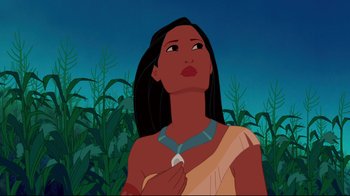 Movie still from “Pocahontas” (1995), directed by Mike Gabriel – An animated picture of pocahontas looking up at the sky; Close Up shot, Low angle