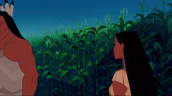 Movie still from “Pocahontas” (1995), directed by Mike Gabriel – An animated scene of a woman looking at a corn field; Medium shot, Over the shoulder angle