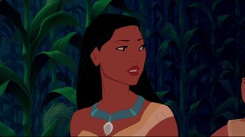 Movie still from “Pocahontas” (1995), directed by Mike Gabriel – An animated picture of pocahontas in the jungle; Close Up shot, Over the shoulder angle