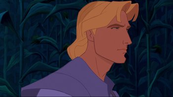 Movie still from “Pocahontas” (1995), directed by Mike Gabriel – A person with blond hair; Close Up shot, Over the shoulder angle