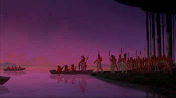 Movie still from “Pocahontas” (1995), directed by Mike Gabriel – A group of people on a boat in the water; Extreme Wide shot, Low angle