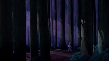 Movie still from “Pocahontas” (1995), directed by Mike Gabriel – A person walking through a forest at night time; Extreme Wide shot, High angle