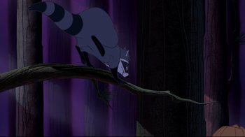 Movie still from “Pocahontas” (1995), directed by Mike Gabriel – A racoon on a tree branch in a forest; Wide shot, Low angle