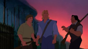Movie still from “Pocahontas” (1995), directed by Mike Gabriel – A group of men standing next to each other; Medium shot, Over the shoulder angle