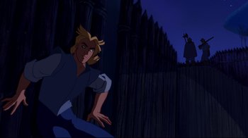 Movie still from “Pocahontas” (1995), directed by Mike Gabriel – A man is running in the dark while another man watches; Medium shot, Over the shoulder angle