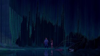 Movie still from “Pocahontas” (1995), directed by Mike Gabriel – A couple of people standing next to a body of water at night; Extreme Wide shot, Low angle