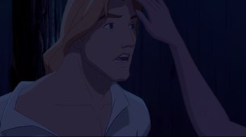 Movie still from “Pocahontas” (1995), directed by Mike Gabriel – A person with long blonde hair; Close Up shot, Over the shoulder angle