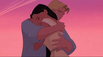 Movie still from “Pocahontas” (1995), directed by Mike Gabriel – A man and a woman hugging in front of a pink sky; Medium shot, Low angle