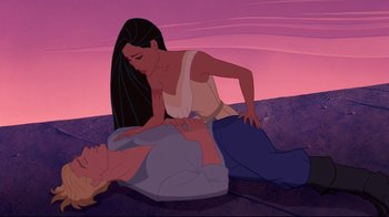 Movie still from “Pocahontas” (1995), directed by Mike Gabriel – An animated scene of a woman lying on a man's chest; Wide shot, Overhead angle