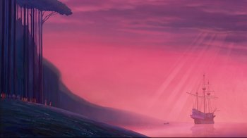 Movie still from “Pocahontas” (1995), directed by Mike Gabriel – A painting of a boat in the ocean at sunset; Extreme Wide shot, Low angle