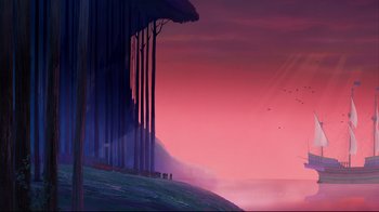 Movie still from “Pocahontas” (1995), directed by Mike Gabriel – A painting of trees and a hill at sunset; Extreme Wide shot, Low angle