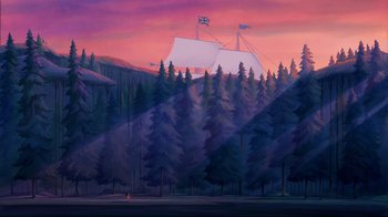 Movie still from “Pocahontas” (1995), directed by Mike Gabriel – A painting of a boat in the middle of a forest; Extreme Wide shot, Low angle