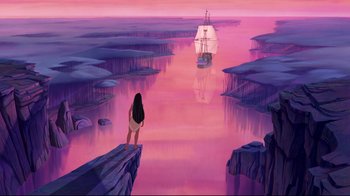 Movie still from “Pocahontas” (1995), directed by Mike Gabriel – A woman standing on a cliff looking at a boat; Extreme Wide shot, Overhead angle