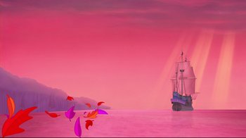 Movie still from “Pocahontas” (1995), directed by Mike Gabriel – A boat floating on top of a body of water near trees; Extreme Wide shot, Low angle