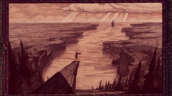 Movie still from “Pocahontas” (1995), directed by Mike Gabriel – A person standing on top of a cliff looking at the ocean; Extreme Wide shot, Overhead angle