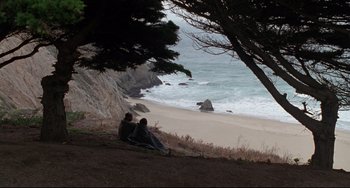 Movie still from “Poetic Justice” (1993), directed by John Singleton – Two people sitting on a hill overlooking the ocean; Extreme Wide shot, High angle