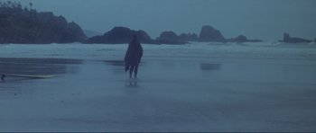 Movie still from “Point Break” (1991), directed by Kathryn Bigelow – A person walking on the beach in the rain; Extreme Wide shot, High angle