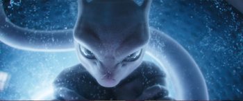 Movie still from “Pokémon: Detective Pikachu” (2019), directed by Rob Letterman – The head of a cat in the water; Extreme Close Up shot, Low angle