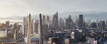Movie still from “Pokémon: Detective Pikachu” (2019), directed by Rob Letterman – A view of a large city from a high vantage point; Extreme Wide shot, High angle