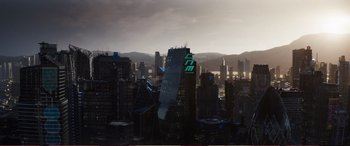 Movie still from “Pokémon: Detective Pikachu” (2019), directed by Rob Letterman – A view of a city skyline from a distance; Extreme Wide shot, High angle