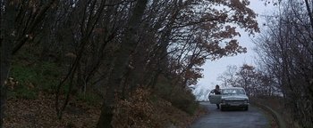 Movie still from “First Strike” (1996), directed by Stanley Tong – A man sitting on a bench next to a tree; Extreme Wide shot, High angle