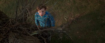 Movie still from “Poltergeist” (2015), directed by Gil Kenan – A young boy standing next to a tree branch; Medium shot, Overhead angle