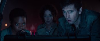 Movie still from “Poltergeist” (2015), directed by Gil Kenan – A man and a woman looking at something in the dark; Close Up shot, Low angle