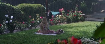 Movie still from “Poltergeist II: The Other Side” (1986), directed by Brian Gibson – A woman sitting on a blanket in the middle of a garden; Wide shot, High angle