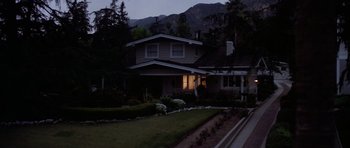 Movie still from “Poltergeist II: The Other Side” (1986), directed by Brian Gibson – A house in the dark with a window lit by a lamp; Extreme Wide shot, High angle