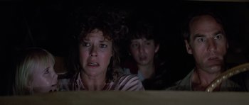 Movie still from “Poltergeist II: The Other Side” (1986), directed by Brian Gibson – A woman and a boy looking at a television screen; Close Up shot, Low angle