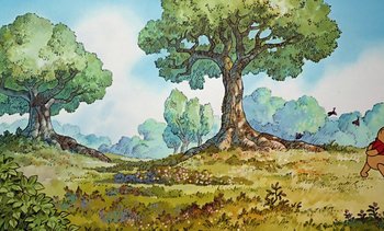 Movie still from “Pooh's Grand Adventure: The Search for Christopher Robin” (1997), directed by Karl Geurs – A painting of a tree in the middle of a field; Extreme Wide shot, Low angle