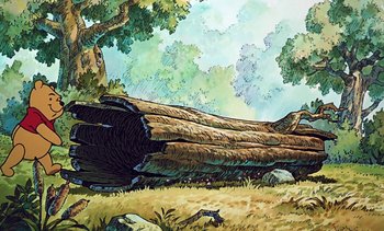 Movie still from “Pooh's Grand Adventure: The Search for Christopher Robin” (1997), directed by Karl Geurs – An illustration of a tree that has been cut down; Extreme Wide shot, Low angle