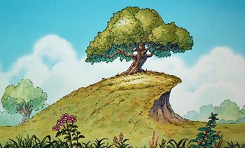 Movie still from “Pooh's Grand Adventure: The Search for Christopher Robin” (1997), directed by Karl Geurs – A tree sitting on top of a grassy hill next to flowers; Extreme Wide shot, Low angle
