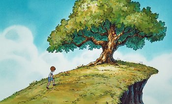 Movie still from “Pooh's Grand Adventure: The Search for Christopher Robin” (1997), directed by Karl Geurs – A boy standing on top of a hill next to a tree; Extreme Wide shot, High angle