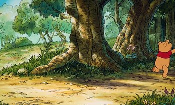 Movie still from “Pooh's Grand Adventure: The Search for Christopher Robin” (1997), directed by Karl Geurs – An illustration of a tree in the middle of a forest; Extreme Wide shot, High angle