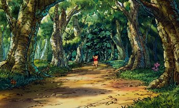 Movie still from “Pooh's Grand Adventure: The Search for Christopher Robin” (1997), directed by Karl Geurs – Winnie the pooh walking through a forest with trees and bushes; Extreme Wide shot, High angle